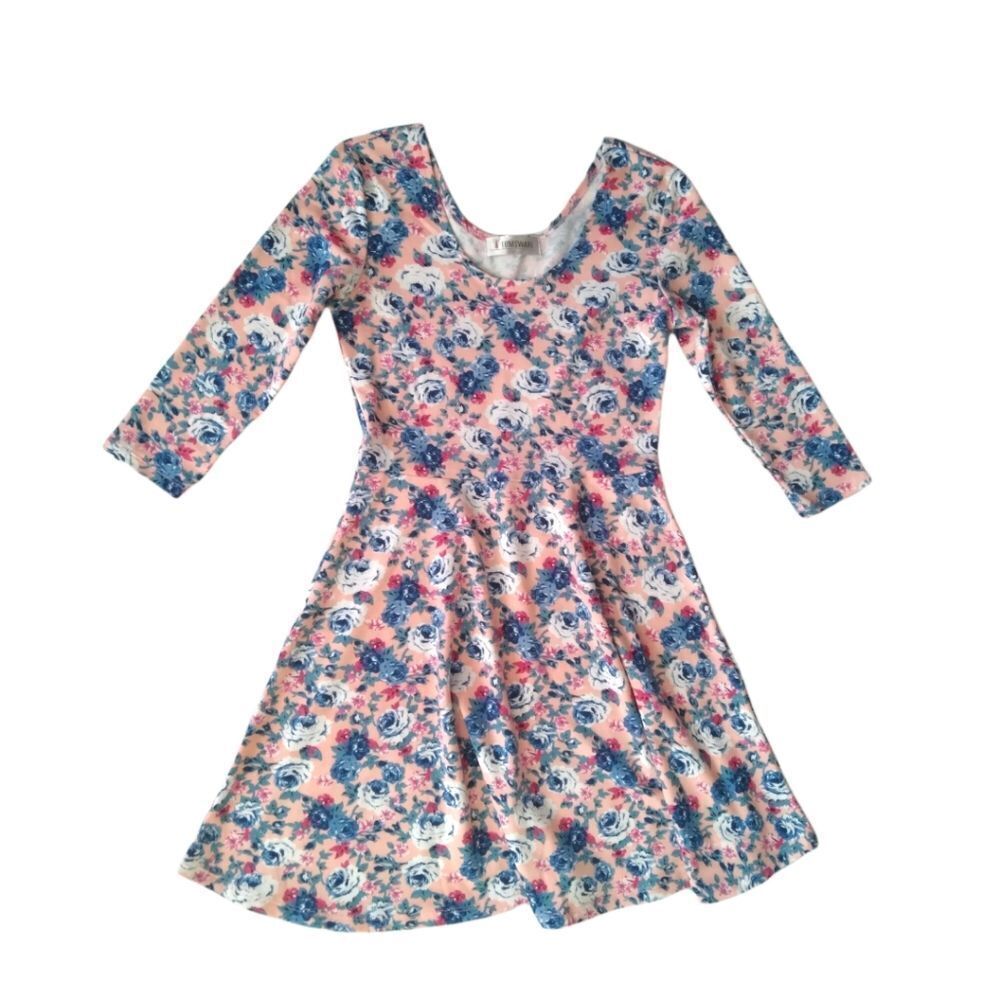 Tomsware Pink and Blue Floral Print Mini Length Fit & Flare Dress Juniors Medium